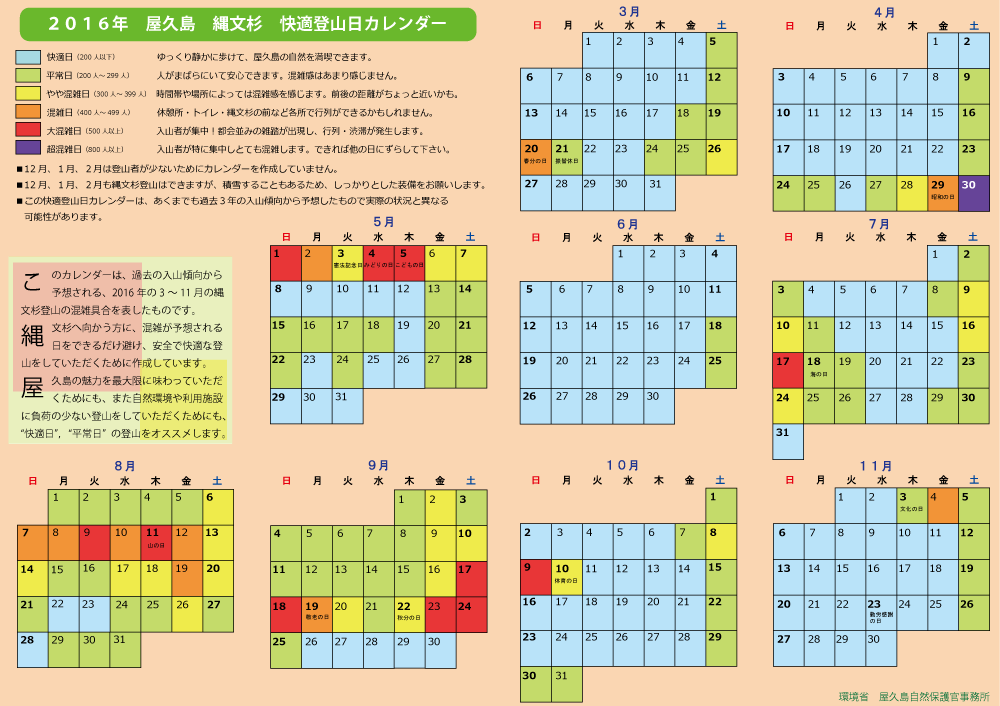 2016年屋久島縄文杉快適登山日カレンダー